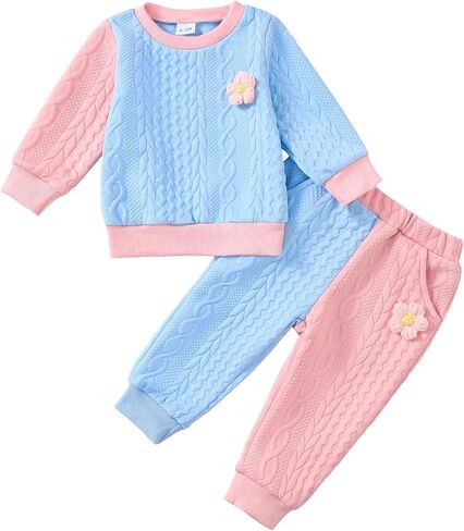 Kucnuzki Fall Winter Baby Toddler Girl Sweatshirt Jogger Pants 2 Piece Set | Baby toddler girl fall winter clothes with cable texture, flower details, crewneck sweatshirt and elastic waist jogger pants. in Saudi Arabia