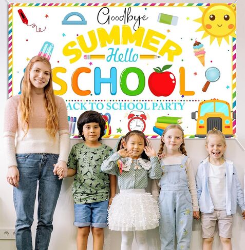 PTFNY Goodbye Summer Hello School Backdrop Banner End of Summer Back to School Photography Background First Day of School Banner Back to School Party Background Decoration Photo Booth Props in Saudi Arabia
