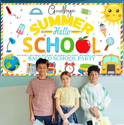 PTFNY Goodbye Summer Hello School Backdrop Banner End of Summer Back to School Photography Background First Day of School Banner Back to School Party Background Decoration Photo Booth Props in Saudi Arabia