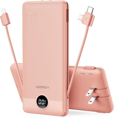 VEGER Portable Charger for iPhone, Power Bank Built in Cables and Wall Plug | 10000mAh,Ultra Slim&Compact,5 Outputs,LED Display,Flight-Safe,Travel Essentials Battery Pack for iPhone 17,iPad, Samsung,etc in Kuwait