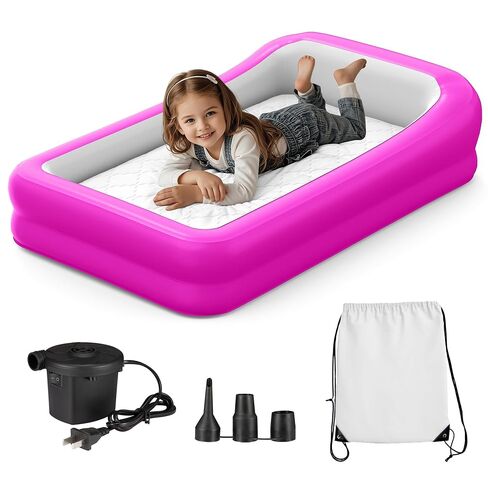 GloTika Toddler Travel Bed - Inflatable Kids Air Mattress with Surround Safety Bumpers & Soft Cotton Sheet, Portable 63" Rest Solution for Grandparents House, Camping or Transitioning in Saudi Arabia
