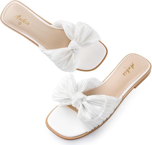 Ankis Women's Pleated Bow Flat Sandals, Square Open Toe Dressy Slides | Wedding Graduation Dressy Summer Beach Vacation Comfortable Flat Sandals in Kuwait