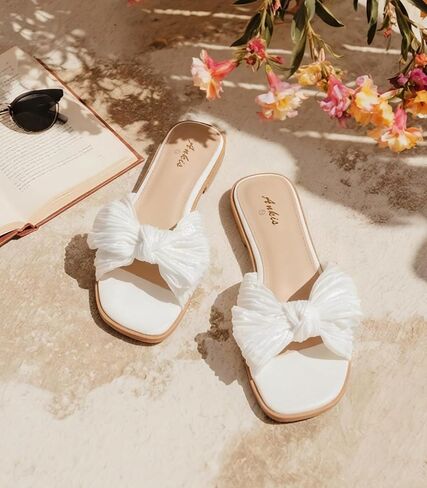 Ankis Women's Pleated Bow Flat Sandals, Square Open Toe Dressy Slides | Wedding Graduation Dressy Summer Beach Vacation Comfortable Flat Sandals in Kuwait