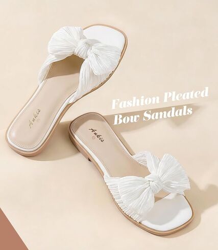 Ankis Women's Pleated Bow Flat Sandals, Square Open Toe Dressy Slides | Wedding Graduation Dressy Summer Beach Vacation Comfortable Flat Sandals in Kuwait