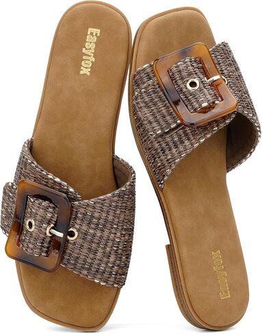 Easyfox Womens Slides Woven Buckle Square Toe Flat Sandals, Chocolate, 9 | Boho Woven Raffia Strap, Adjustable Amber Buckle, Soft Padded Insole, Versatile Beach Footwear for Summer Slide Sandals 2026 in Saudi Arabia