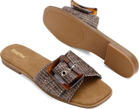 Easyfox Womens Slides Woven Buckle Square Toe Flat Sandals, Chocolate, 9 | Boho Woven Raffia Strap, Adjustable Amber Buckle, Soft Padded Insole, Versatile Beach Footwear for Summer Slide Sandals 2026 in Saudi Arabia