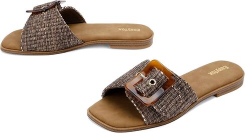 Easyfox Womens Slides Woven Buckle Square Toe Flat Sandals, Chocolate, 9 | Boho Woven Raffia Strap, Adjustable Amber Buckle, Soft Padded Insole, Versatile Beach Footwear for Summer Slide Sandals 2026 in Saudi Arabia