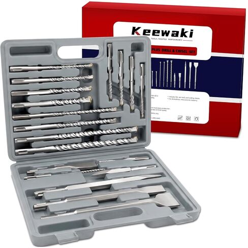 19PCS SDS Plus Flat Tip Drill Bits & Chisels Set for Concrete | Straight Carbide Tip, Heavy Duty Masonry Drill Bit Set, Demolition Chisels Included, Portable Case, For Brick, Stone & Tile in Saudi Arabia