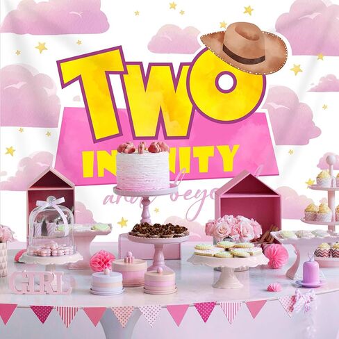Girls 2nd Birthday Backdrop Two Infinity and Beyond Party Decorations Banner Pink Clouds Stars Hat Photography Background Second Birthday Supplies Photo Booth Studio Props 7x5ft in Saudi Arabia
