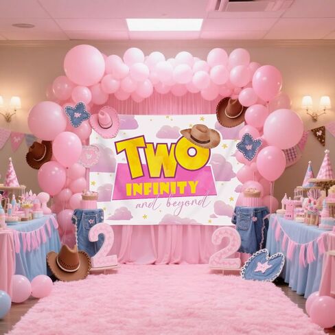 Girls 2nd Birthday Backdrop Two Infinity and Beyond Party Decorations Banner Pink Clouds Stars Hat Photography Background Second Birthday Supplies Photo Booth Studio Props 7x5ft in Saudi Arabia