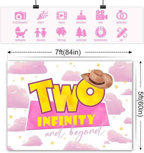Girls 2nd Birthday Backdrop Two Infinity and Beyond Party Decorations Banner Pink Clouds Stars Hat Photography Background Second Birthday Supplies Photo Booth Studio Props 7x5ft in Saudi Arabia