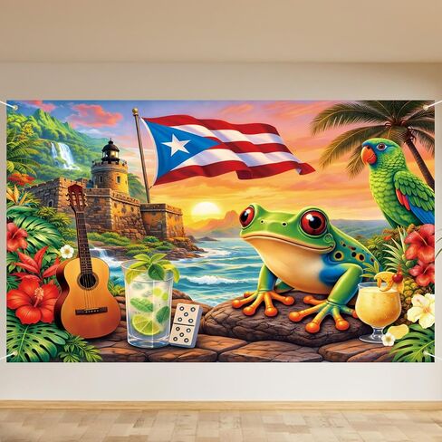 7 x 5 FT Puerto Rico Flag Backdrop, Tropical Puerto Rican Theme Hanging Photo Background with Castle, Flag, Frog, and Hibiscus Flowers, Vibrant Heritage Photography Booth Prop Cultural Decorations in Kuwait