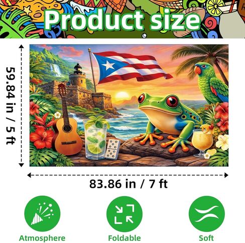 7 x 5 FT Puerto Rico Flag Backdrop, Tropical Puerto Rican Theme Hanging Photo Background with Castle, Flag, Frog, and Hibiscus Flowers, Vibrant Heritage Photography Booth Prop Cultural Decorations in Kuwait