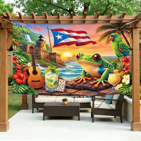 7 x 5 FT Puerto Rico Flag Backdrop, Tropical Puerto Rican Theme Hanging Photo Background with Castle, Flag, Frog, and Hibiscus Flowers, Vibrant Heritage Photography Booth Prop Cultural Decorations in Kuwait