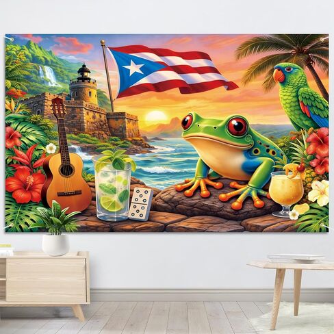 7 x 5 FT Puerto Rico Flag Backdrop, Tropical Puerto Rican Theme Hanging Photo Background with Castle, Flag, Frog, and Hibiscus Flowers, Vibrant Heritage Photography Booth Prop Cultural Decorations in Kuwait