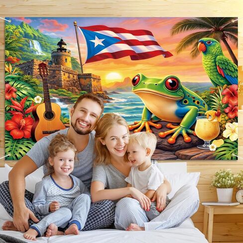 7 x 5 FT Puerto Rico Flag Backdrop, Tropical Puerto Rican Theme Hanging Photo Background with Castle, Flag, Frog, and Hibiscus Flowers, Vibrant Heritage Photography Booth Prop Cultural Decorations in Kuwait