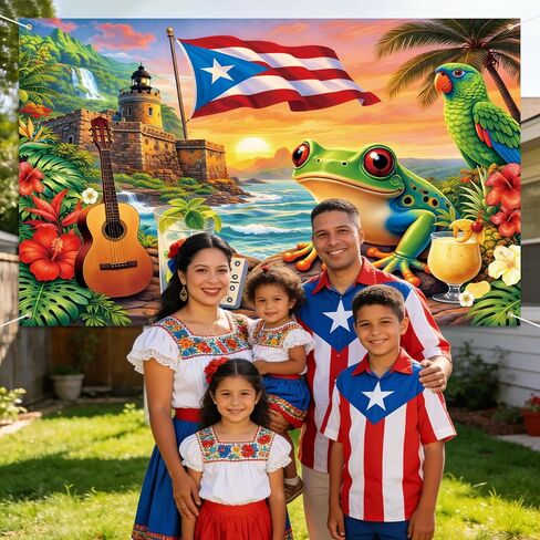7 x 5 FT Puerto Rico Flag Backdrop, Tropical Puerto Rican Theme Hanging Photo Background with Castle, Flag, Frog, and Hibiscus Flowers, Vibrant Heritage Photography Booth Prop Cultural Decorations in Kuwait