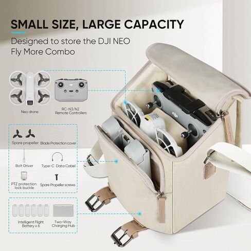 GAGITERVR Neo Fly More Combo Travel Case, Shoulder Messenger Carrying Bag with Canvas Leather Trim Fits DJI Neo Drone/Up to 6 Batteries/RC-N3/N2/Charging Hub & Accessories, Ideal for Trip and Storage in Saudi Arabia