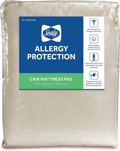 Sealy Baby Organic Cotton Top Breathable Fitted Waterproof Infant Crib Mattress Protector Pad and Toddler Bed Cover, Durable and Comfortable Topper, Machine Washable, 52" x 28"- White in Kuwait