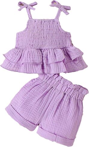 VARMILO Toddler Girls Short Sets,Single Shoulder Ruffle Tank Top and Floral Bow Shorts Set for Summer Casual Wear in Kuwait