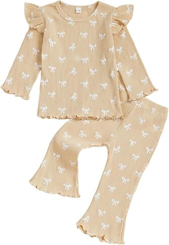 Toddler Baby Girl Fall Clothes Bow Print Ruffle Long Sleeve Round Neck Top Elastic Flare Pants Winter Outfit in Saudi Arabia