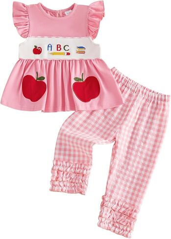 Kavousa Toddler Girl School Kindergarten Pre K Outfit Ruffle Sleeveless Shirt Top and Pants Set Little Girl Summer Clothes in Saudi Arabia
