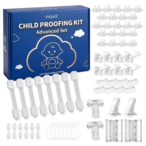 Inaya Baby Proofing Kit Advanced Set 50 Pack - Child Safety Hidden Locks for Cabinets & Drawers, Adjustable Safety Latches, Door Lever Locks and Outlet Covers and more - Keep Your Child Safe at Home in Saudi Arabia