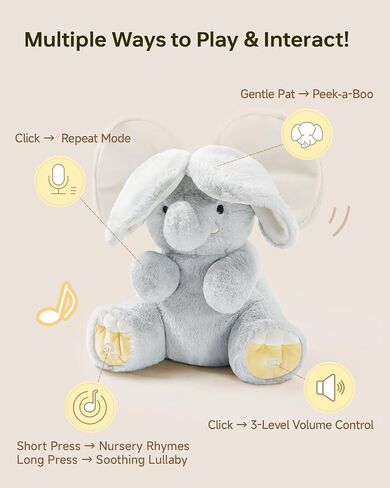 BG-BABYGO Peek A Boo Elephant Toy, Interactive Singing Stuffed Elephant Plush with Moving Ears, Musical Stuffed Animal for Babies and Toddlers, Adorable Baby Toy with Gift Box in Saudi Arabia