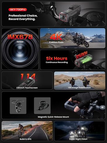 AKEEYO 730Pro 4K Motorcycle/Bike Dash Cam, Sony IMX678 Night Vision with F1.7 Aperture, 60FPS EIS Anti-Shake Action Camera, Built-in GPS, 6H Battery, Loop Recording & Parking Monitor with 64GB Card in Saudi Arabia