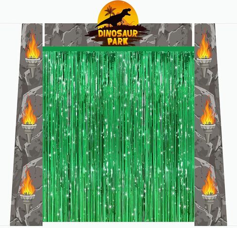Dinosaur Banner Birthday Party Decorations Supplies | Dino Park Door Porch Backdrop and Green Foil Fringe Curtains for Kids Jungle Safari Theme Entryway Photoshoot Props in Saudi Arabia