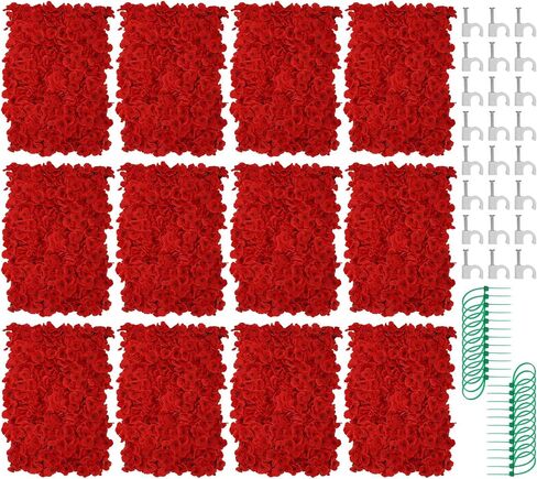 12 Pcs Red Flower Wall Panel Backdrop - 24"x16" 3D Silk Floral Panels for Wedding, Baby Shower, Birthday Party, Bridal Shower Decor - DIY Reusable Photo Background with Zip Ties & Nails in Saudi Arabia