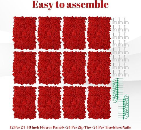 12 Pcs Red Flower Wall Panel Backdrop - 24"x16" 3D Silk Floral Panels for Wedding, Baby Shower, Birthday Party, Bridal Shower Decor - DIY Reusable Photo Background with Zip Ties & Nails in Saudi Arabia