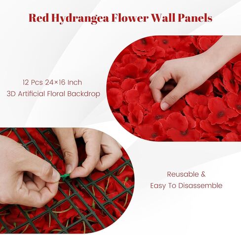 12 Pcs Red Flower Wall Panel Backdrop - 24"x16" 3D Silk Floral Panels for Wedding, Baby Shower, Birthday Party, Bridal Shower Decor - DIY Reusable Photo Background with Zip Ties & Nails in Saudi Arabia