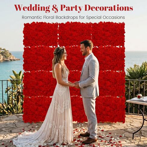 12 Pcs Red Flower Wall Panel Backdrop - 24"x16" 3D Silk Floral Panels for Wedding, Baby Shower, Birthday Party, Bridal Shower Decor - DIY Reusable Photo Background with Zip Ties & Nails in Saudi Arabia