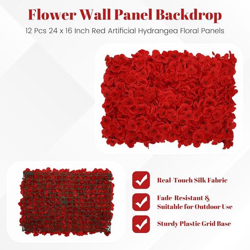 12 Pcs Red Flower Wall Panel Backdrop - 24"x16" 3D Silk Floral Panels for Wedding, Baby Shower, Birthday Party, Bridal Shower Decor - DIY Reusable Photo Background with Zip Ties & Nails in Saudi Arabia