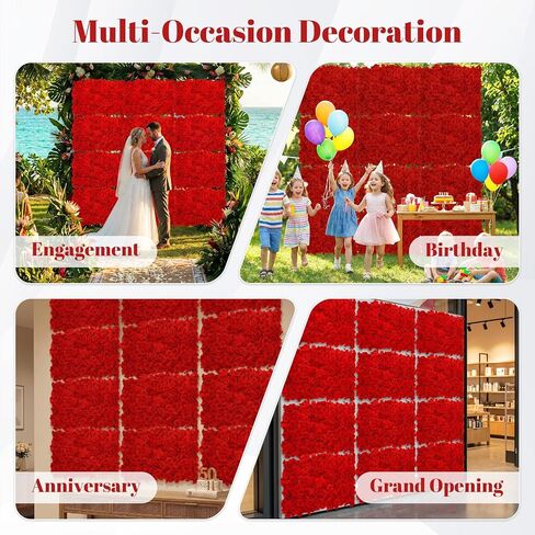 12 Pcs Red Flower Wall Panel Backdrop - 24"x16" 3D Silk Floral Panels for Wedding, Baby Shower, Birthday Party, Bridal Shower Decor - DIY Reusable Photo Background with Zip Ties & Nails in Saudi Arabia