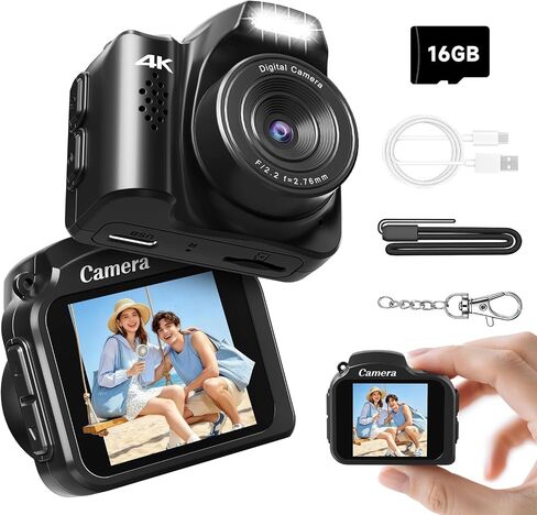Mini Camera 4K HD Video Recorder – Keychain Digital camera with 16GB Card | Vintage Camera 1.54" HD Display, Long Battery Life, Ultra-Portable Tiny Camera for Travel/Vlog/Night Shots, Ideal Gift, Black in Saudi Arabia