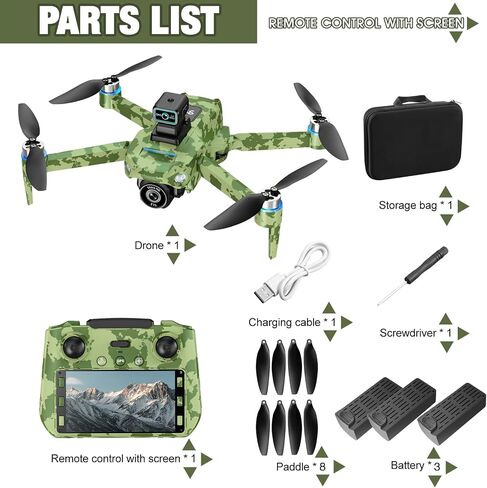 Drone with Camera 4k, GPS HD Drones for Adults, Remote Controller with Screen, Obstacle Avoidance, Brushless Motor FPV, 5G Transmission, 3 Battery, Professional (Army Green) in Saudi Arabia