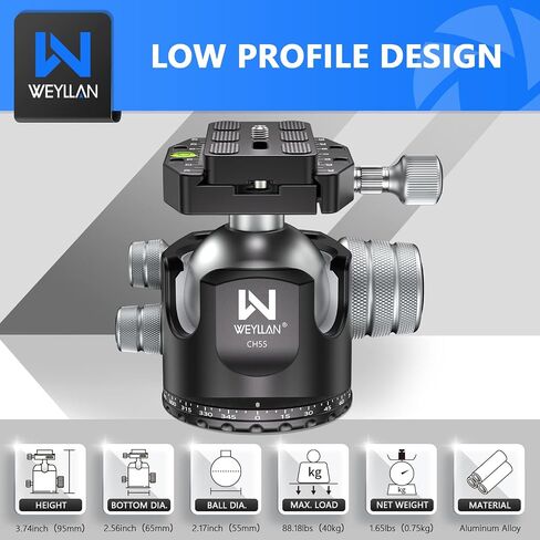Used WEYLLAN CH55 Tripod Ball Head Mount 55mm Arca Swiss Tripod Head Heavy Duty Arca Swiss Quick Release Plate Camera Momopod Video Ballhead, Max Load 88lbs/40kg，Notice Not New in Saudi Arabia