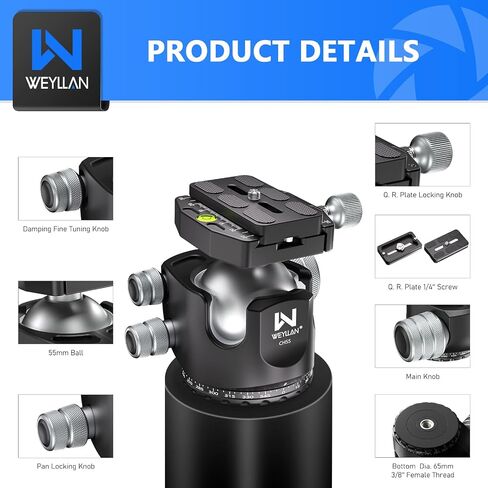 Used WEYLLAN CH55 Tripod Ball Head Mount 55mm Arca Swiss Tripod Head Heavy Duty Arca Swiss Quick Release Plate Camera Momopod Video Ballhead, Max Load 88lbs/40kg，Notice Not New in Saudi Arabia