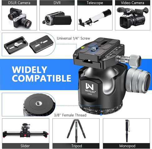 Used WEYLLAN CH55 Tripod Ball Head Mount 55mm Arca Swiss Tripod Head Heavy Duty Arca Swiss Quick Release Plate Camera Momopod Video Ballhead, Max Load 88lbs/40kg，Notice Not New in Saudi Arabia