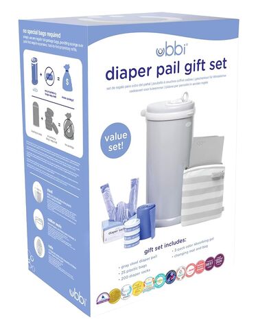 Ubbi Diaper Changing Value Gift Set, Baby Registry Gift, Includes Gray Diaper Pail, Absorbing Gels, Travel Changing Mat & Bag, Diaper Pail Waste Bags and On-the-Go Waste Sacks in Saudi Arabia
