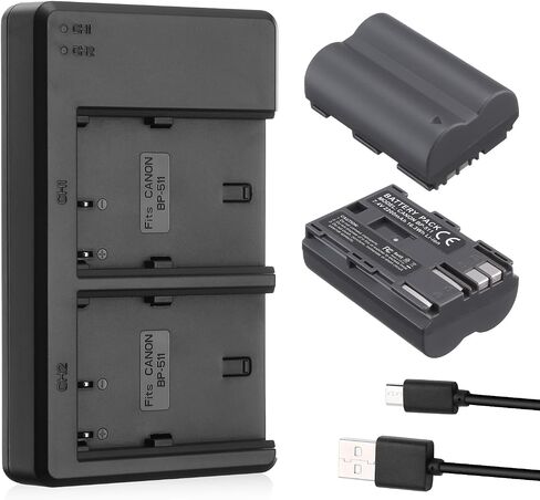 2Pcs BP-511 BP-511A Battery 2200mAh and Rapid Dual USB Charger | Compatible with Canon Eos 5D10D 20D 30D 40D 50D D300 D60 D30 PowerShot Pro1, G1, G2, G3, G5, G6 in Saudi Arabia