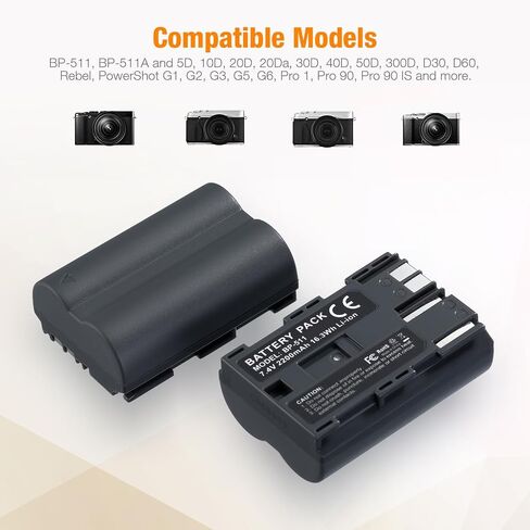 2Pcs BP-511 BP-511A Battery 2200mAh and Rapid Dual USB Charger | Compatible with Canon Eos 5D10D 20D 30D 40D 50D D300 D60 D30 PowerShot Pro1, G1, G2, G3, G5, G6 in Saudi Arabia