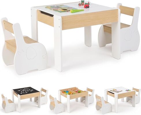 INFANS Kids Table and Chair Set, 4 in 1 Building Block Wooden Activity Desk with Reversible Tabletop Storage Drawers Bookshelves for Toddlers Art Craft Learning Reading Drawing Playroom (Natural) in Saudi Arabia