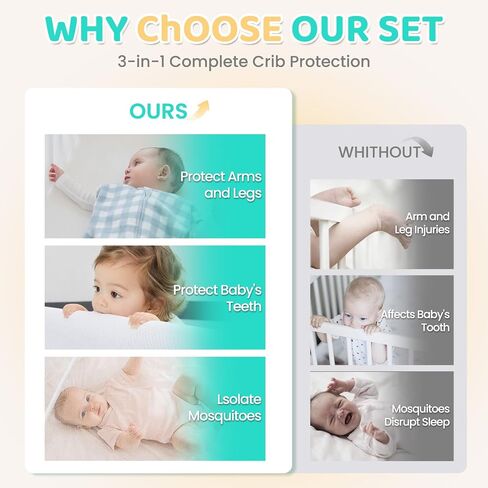 Full Size Cribs 3-in-1 Breathable Mesh Crib Liner, Teething Rail Cover & Crib Net Set, Unpadded Baby Bed Accessories for Maximum Airflow and Protection, Designed for 4 Equal-Height Sides Crib in Saudi Arabia