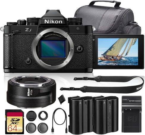 Nikon Zf Mirrorless Camera (Black), 24.5MP Full-Frame FX BSI CMOS Sensor, 96MP High-Res Mode (1761) + FTZ II Mount Adapter + 64GB UHS-II Card + ENEL15 Battery + Camera Bag + Charger (11pc Bundle) | For Photography & Video | 24.5MP Full-Frame Mirrorless Ca in Saudi Arabia