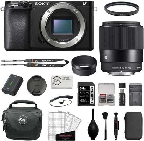 Sony Alpha a6100 Mirrorless Digital Camera (Body Only) Bundle | with Sigma 30mm f/1.4 Contemporary DC DN Lens + 64GB Card + UV Filter + Cleaning Kit + Camera Shoulder Bag (12 Items) in Kuwait