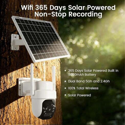 24/7 Recording AOV Outdoor Solar-Powered Security Camera - 100% Wireless Outdoor Home Surveillance Camera, PTZ Camera, Automatic Human Tracking, 2K Color Night Vision Support 5Ghz 2.4G WiFi in Kuwait