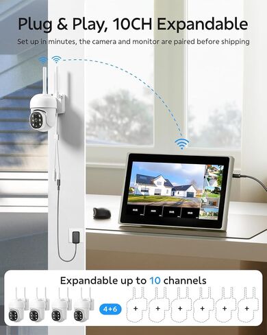 Camcamp Security Camera System with Monitor, 10X Zoom Wireless Camera | Dual Lens, 24/7 Recording, Auto Tracking, Expandable 10.1" Expandable 10CH 4K NVR, 0 Monthly Fee For Home Security in Kuwait
